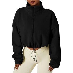Women's Full Zip Fleece Short Jacket Long Sleeve Stand Collar Sherpa Crop Coat